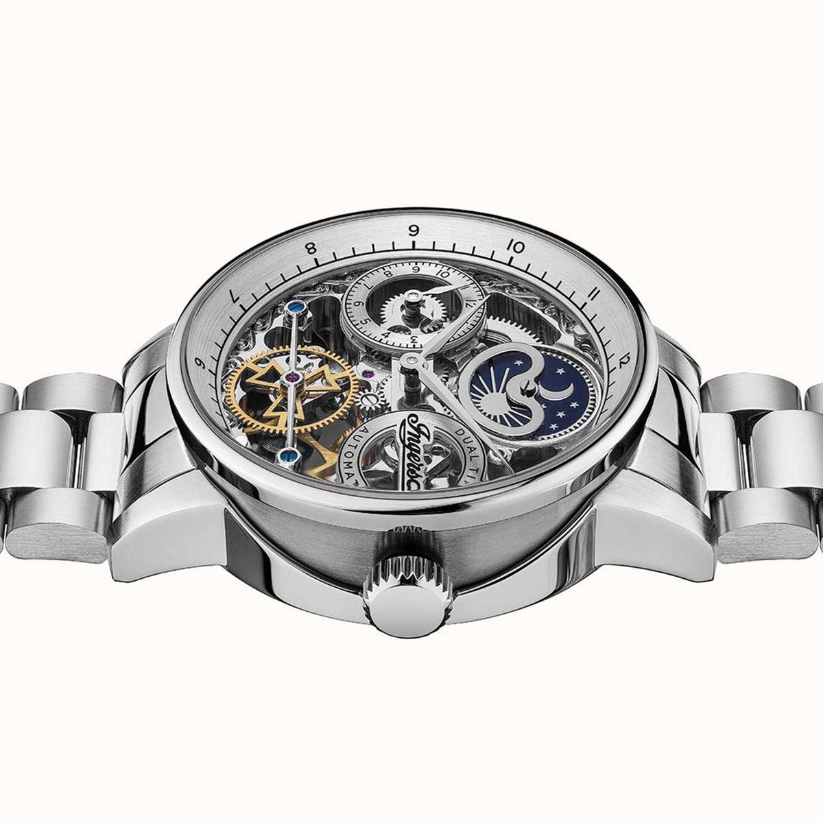 Men's skeleton watch close-up with visible gears and blue accents
