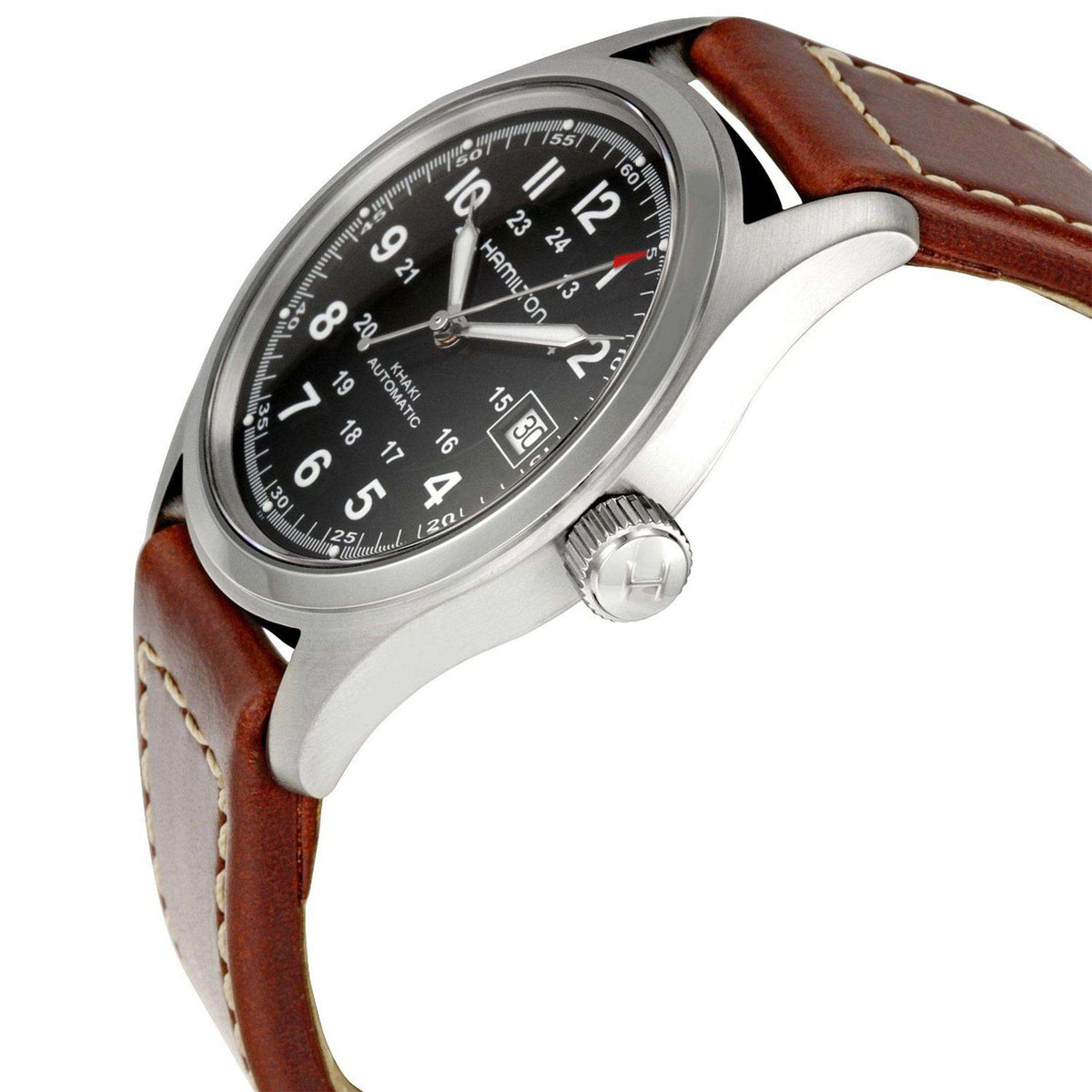 Side perspective emphasizing the stainless steel case, crown, and brown leather band of the Hamilton Khaki Field H70455533