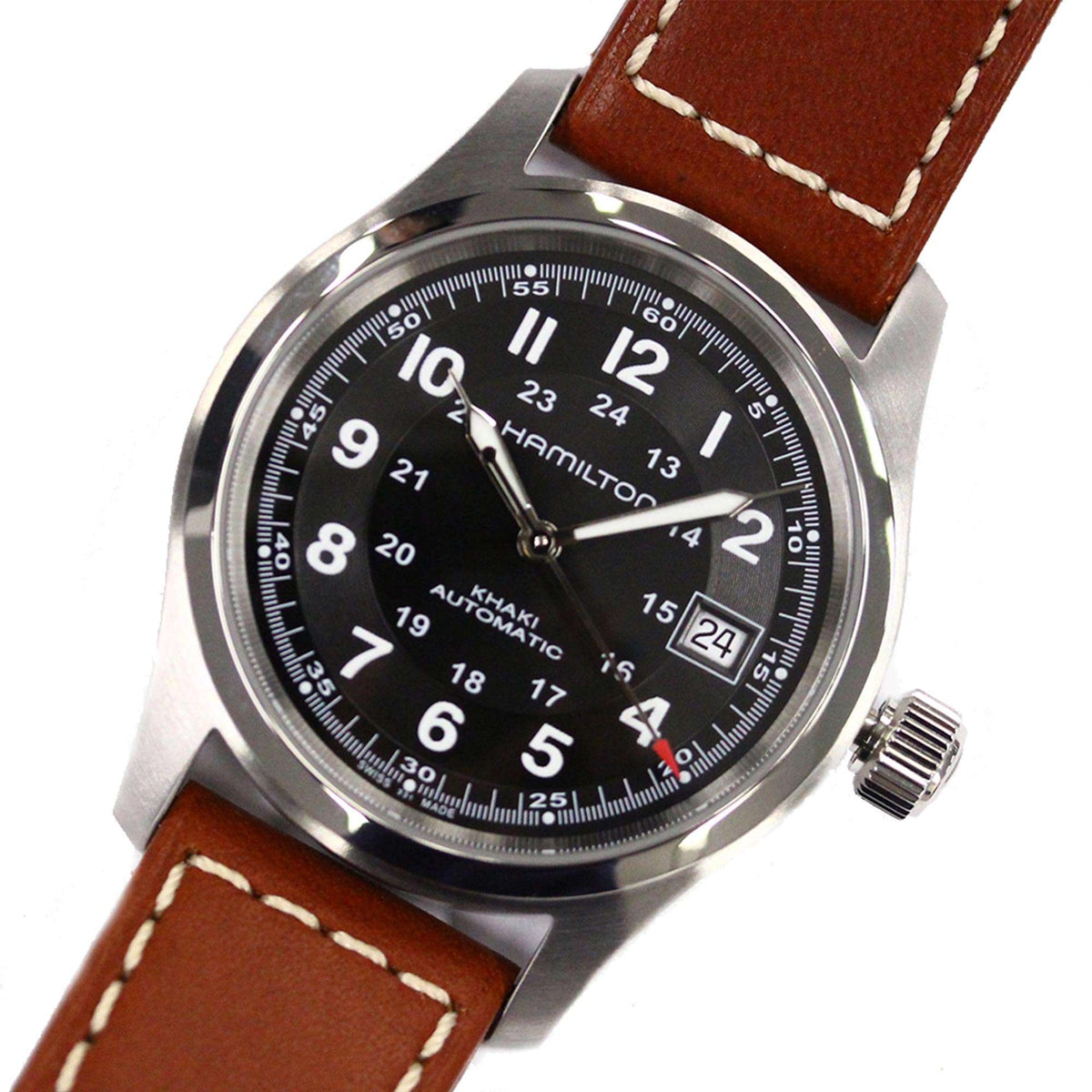 Close-up shot showing the military-style 24-hour inner dial markings on the Hamilton Khaki Field H70455533