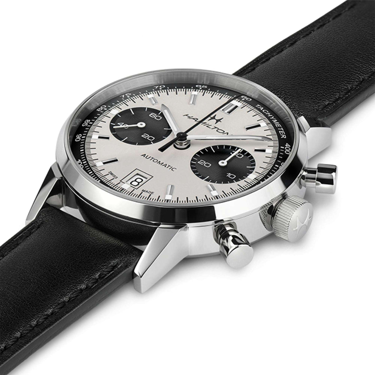 Hamilton American Classic chronograph showing white dial and black leather strap from angle H38416711