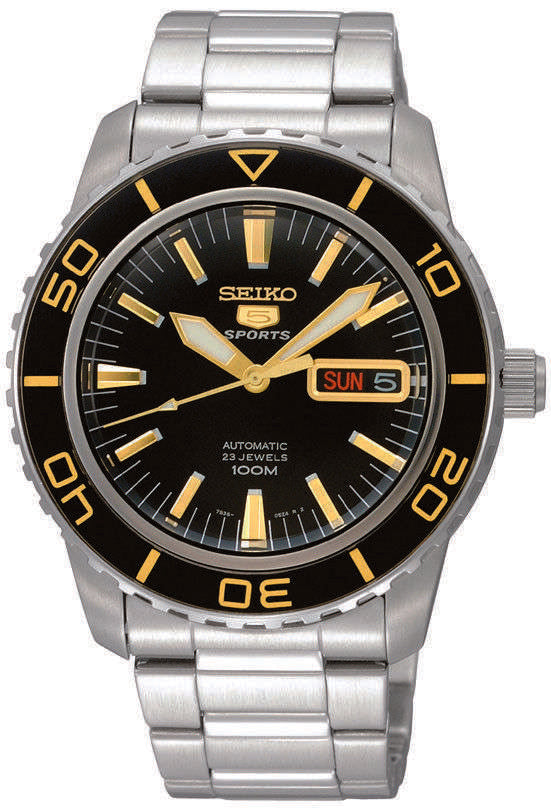 Men's stainless steel automatic watch front view, black dial with gold markers and SUN date