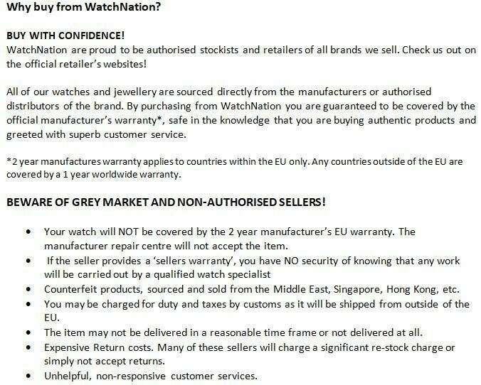 Men's stainless steel watch warranty information screen, not the product details