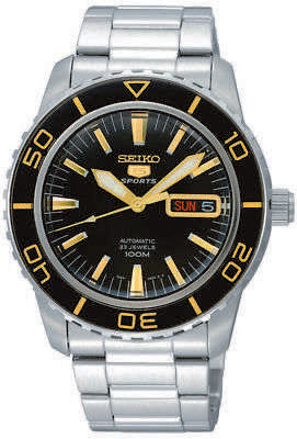 Men's Seiko Sports automatic watch, black dial with gold hour markers, stainless steel bracelet