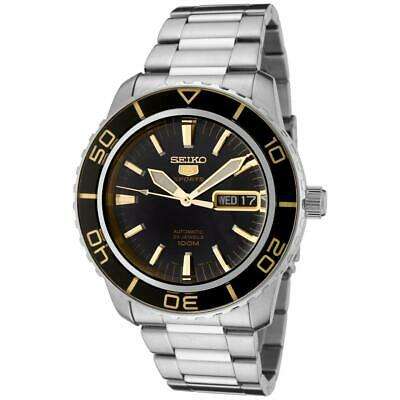 Men's Seiko Sports automatic watch, black dial, gold accents, stainless steel bracelet