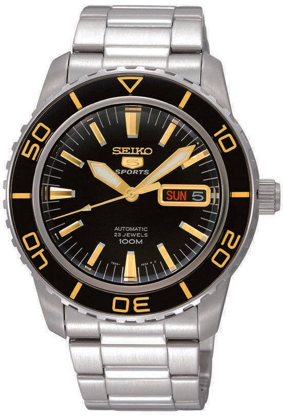 Men's stainless steel automatic watch with black dial, gold accents, day-date window