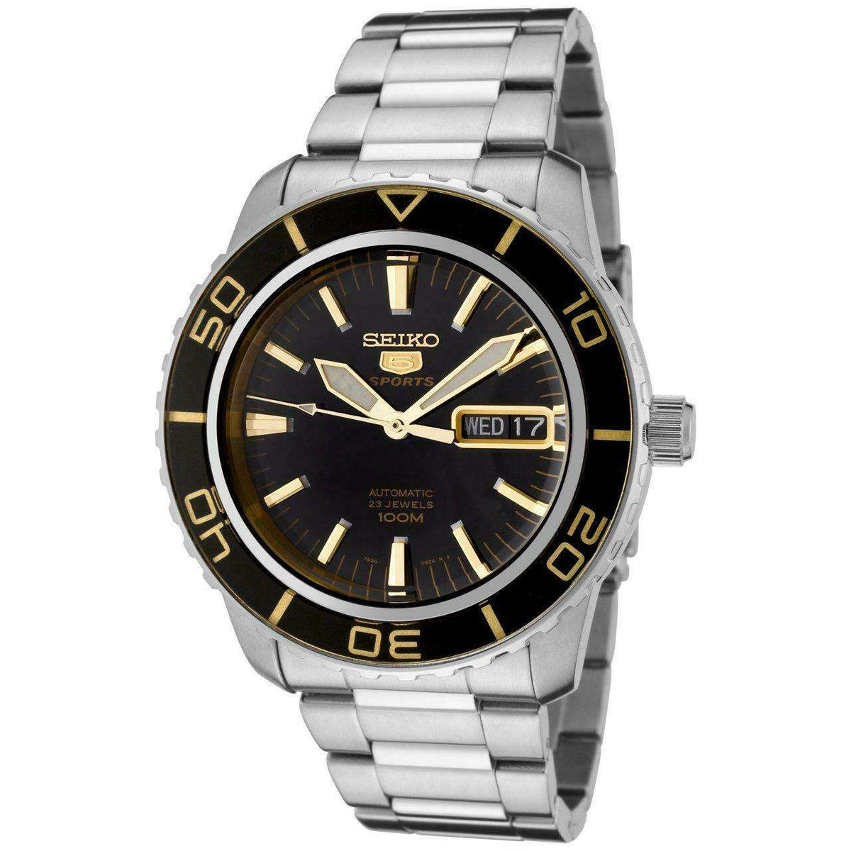 Men's stainless steel sports watch with black dial, gold hands, and date window.