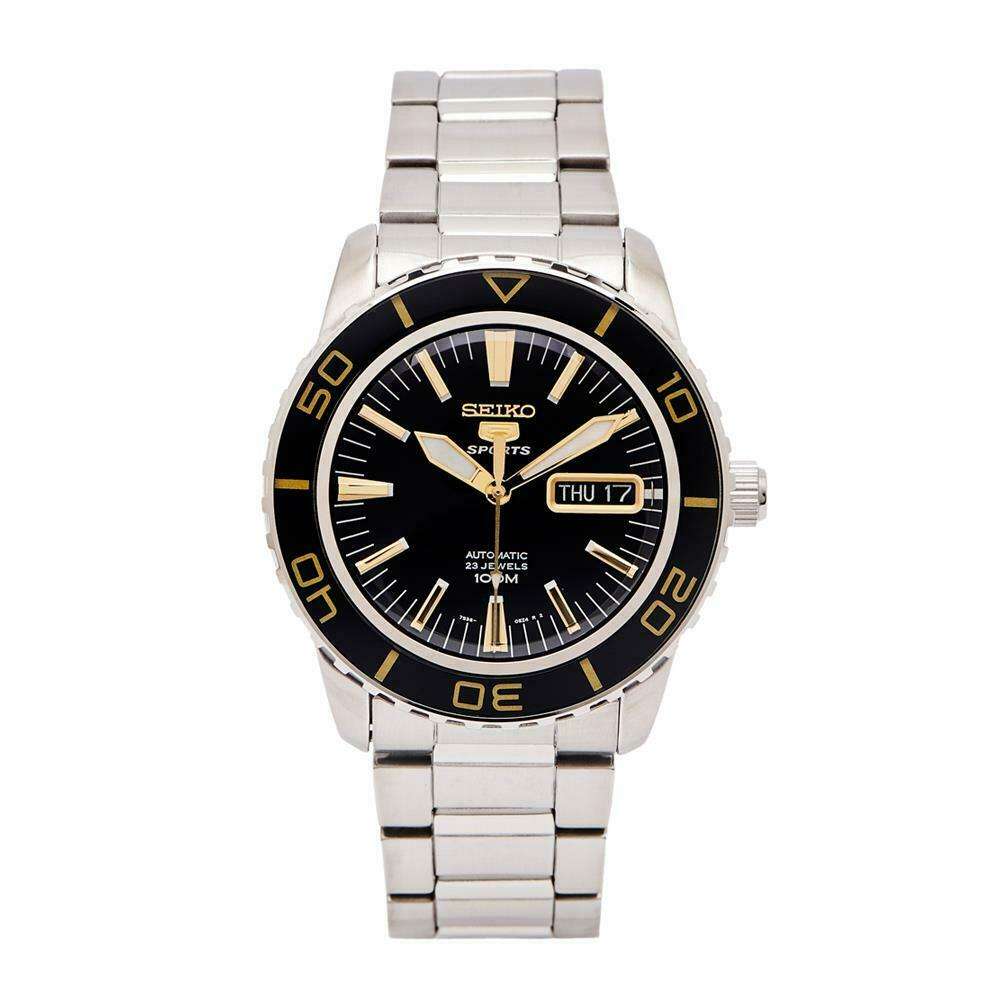 Men's stainless steel automatic diver-style watch with black dial, gold markers, Thu 17