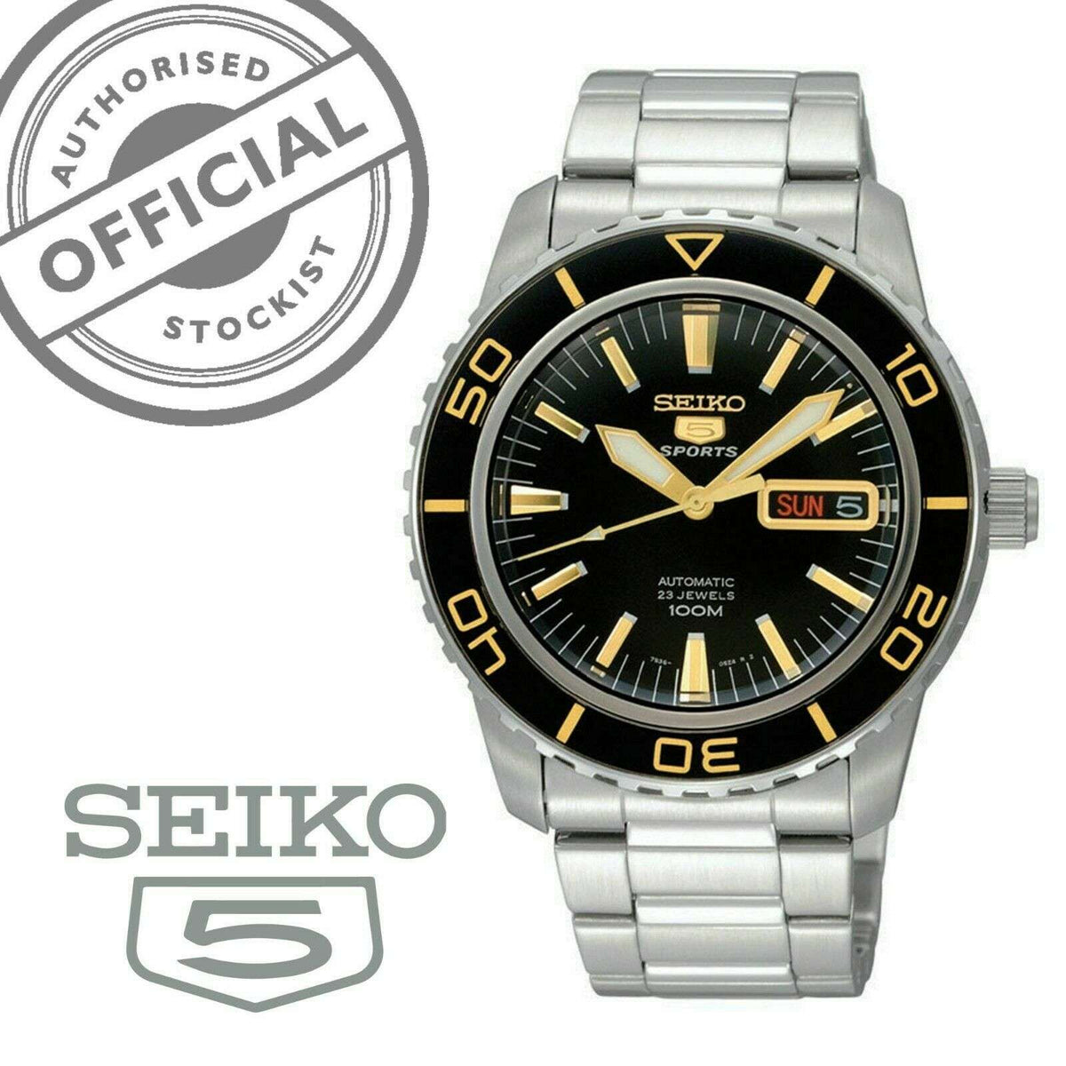 Men's stainless steel automatic watch with black dial, gold markers, day/date SUN 5