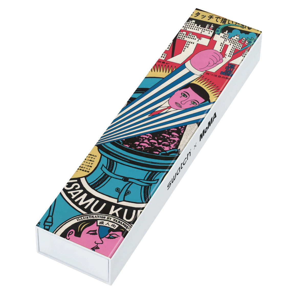 Colorful silicone watch strap in display box with graphic artwork