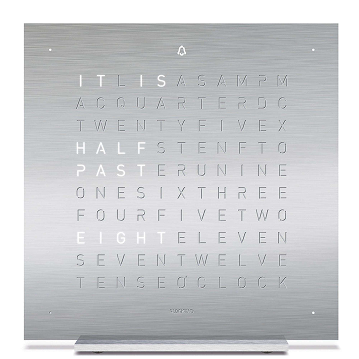 QLOCKTWO touch table clock brushed silver metal face with built-in word clock display