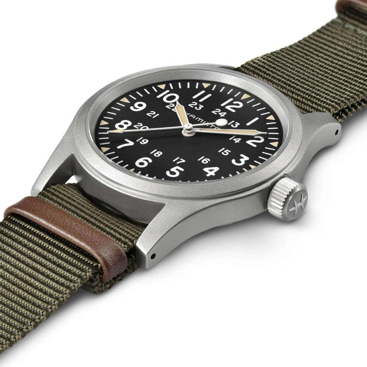 Hamilton Khaki Field H69439931 close up angled dial view