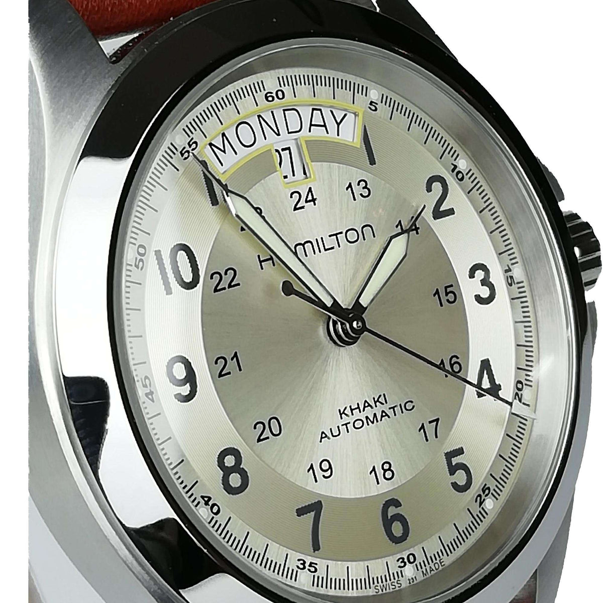Hamilton Khaki Field H64455523 40mm brushed case from left profile