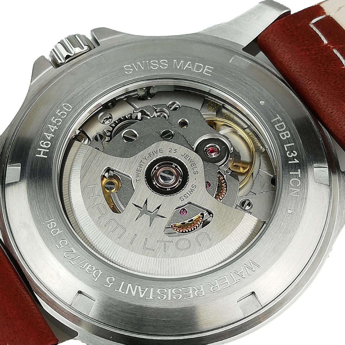 Hamilton Khaki Field H64455523 skeleton screw-down caseback revealing H-40 movement