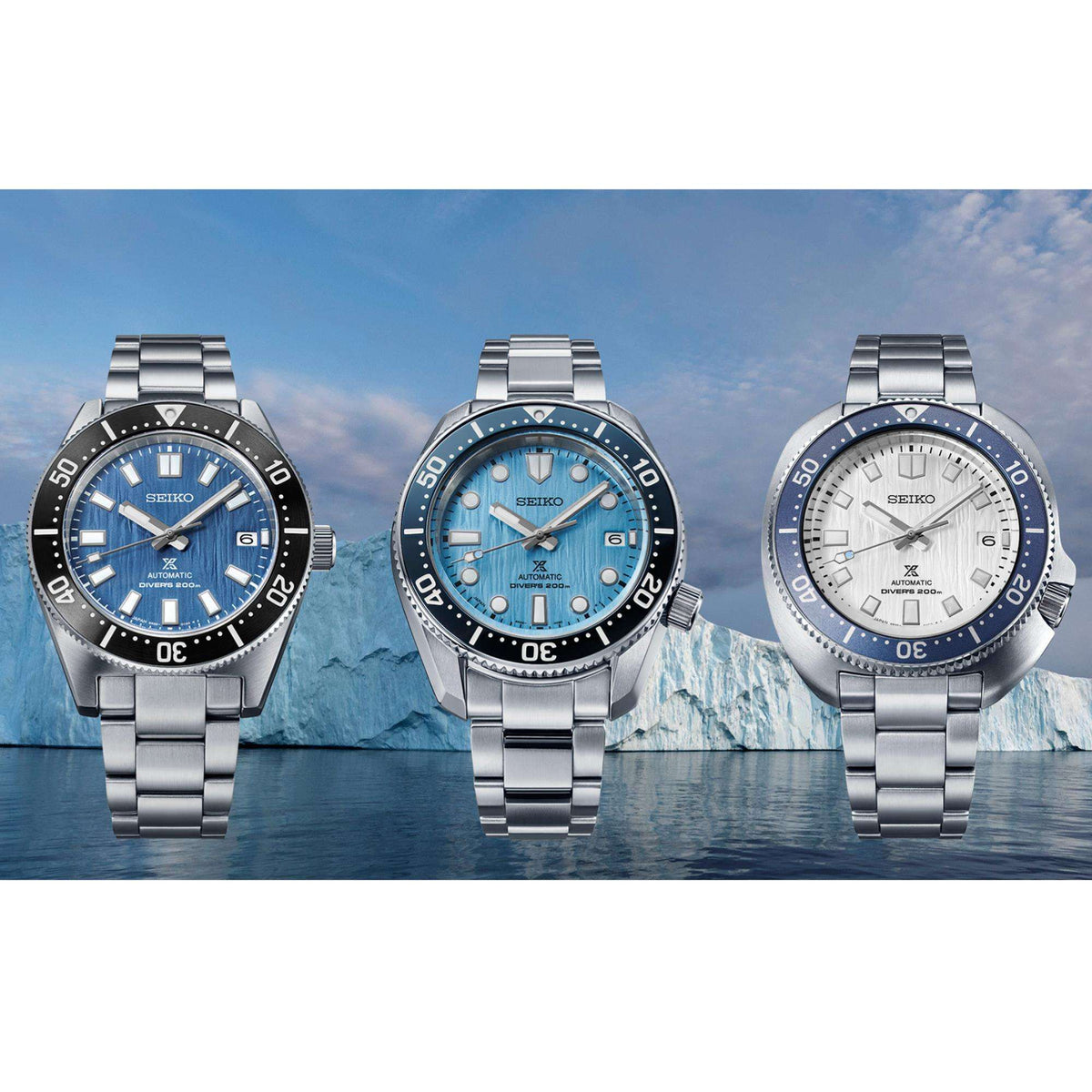 Seiko Prospex Watch SPB297J1 on the far left, standing alongside two companion models in front of an arctic glacier backdrop.