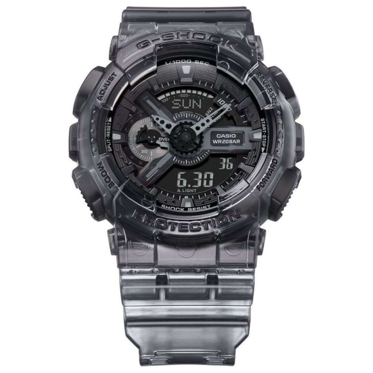 Casio G-Shock Skeleton digital watch with dark gray resin strap and see-through dial