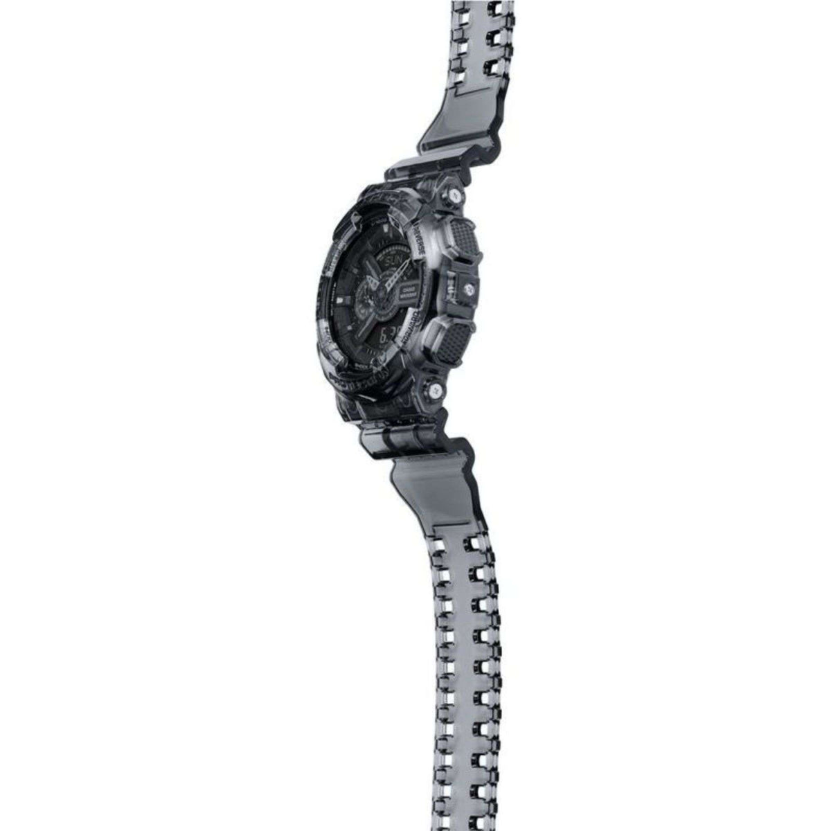 Casio G-Shock Skeleton digital watch with dark gray resin strap links, side profile