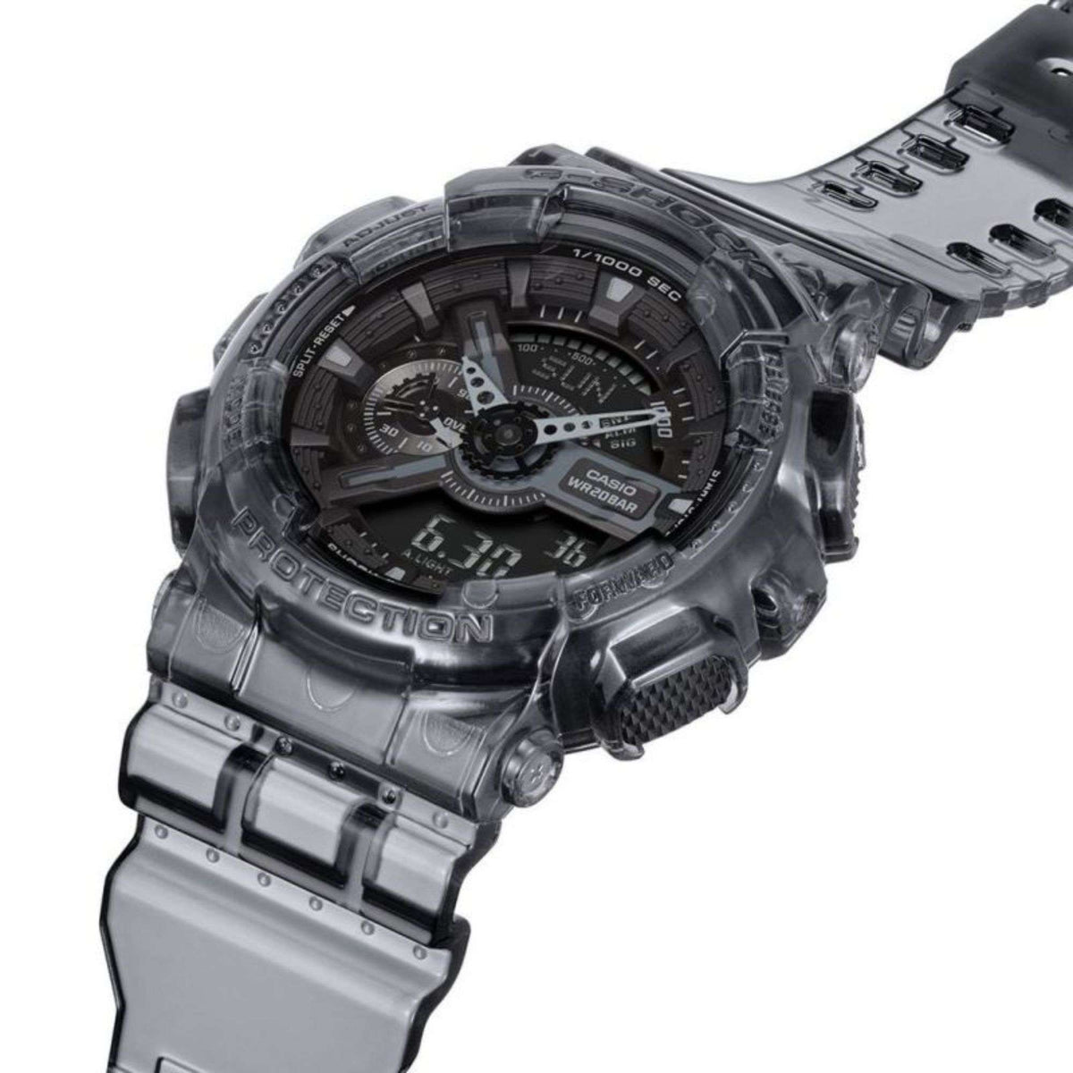 Casio G-Shock Skeleton digital watch, angled view, dark gray resin bracelet and bezel