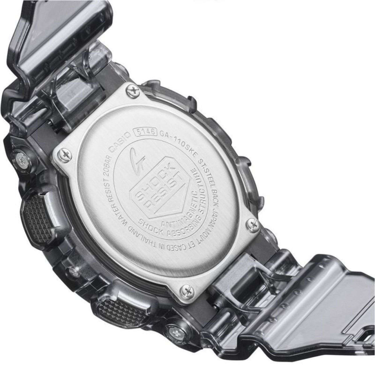 Casio G-Shock Skeleton watch case back in dark gray with embossed lettering