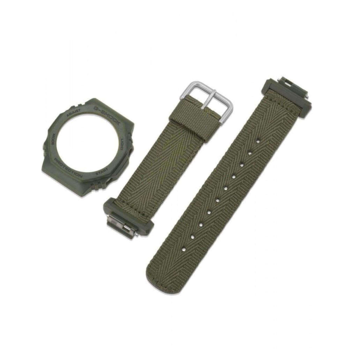 G-Shock resin bezel and two olive fabric watch straps with metal buckle hardware