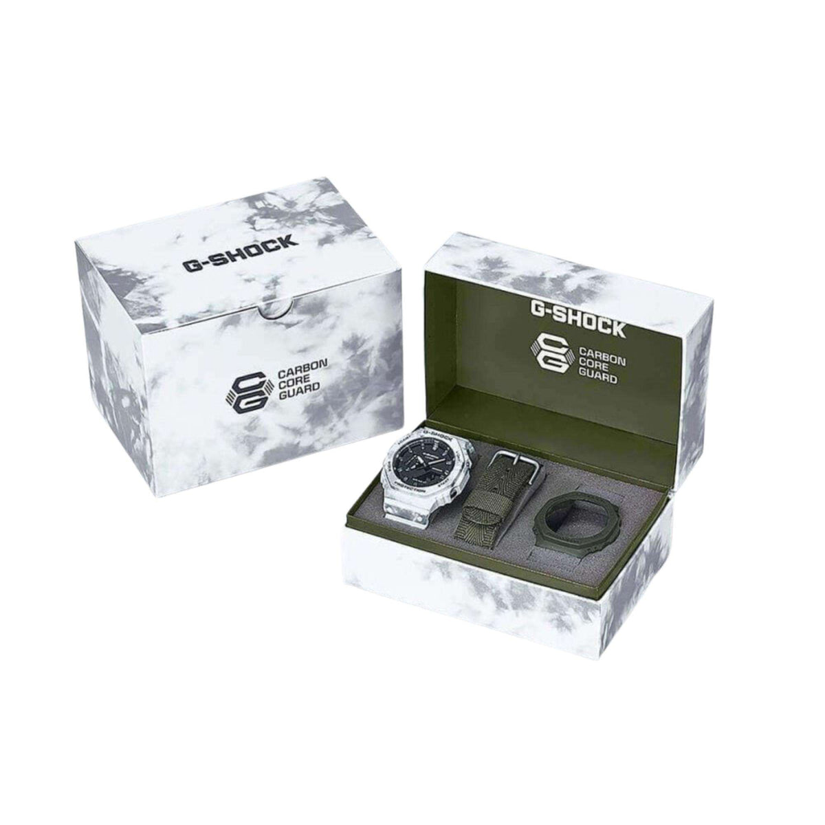 G-Shock watch and straps in a branded gift box with molded compartments