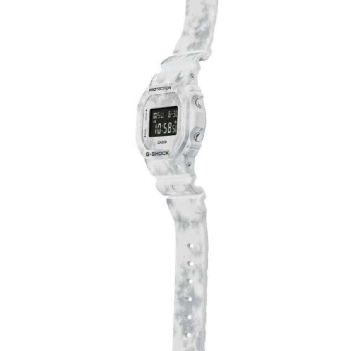 Snow camouflage resin G-Shock digital watch side view with visible buttons