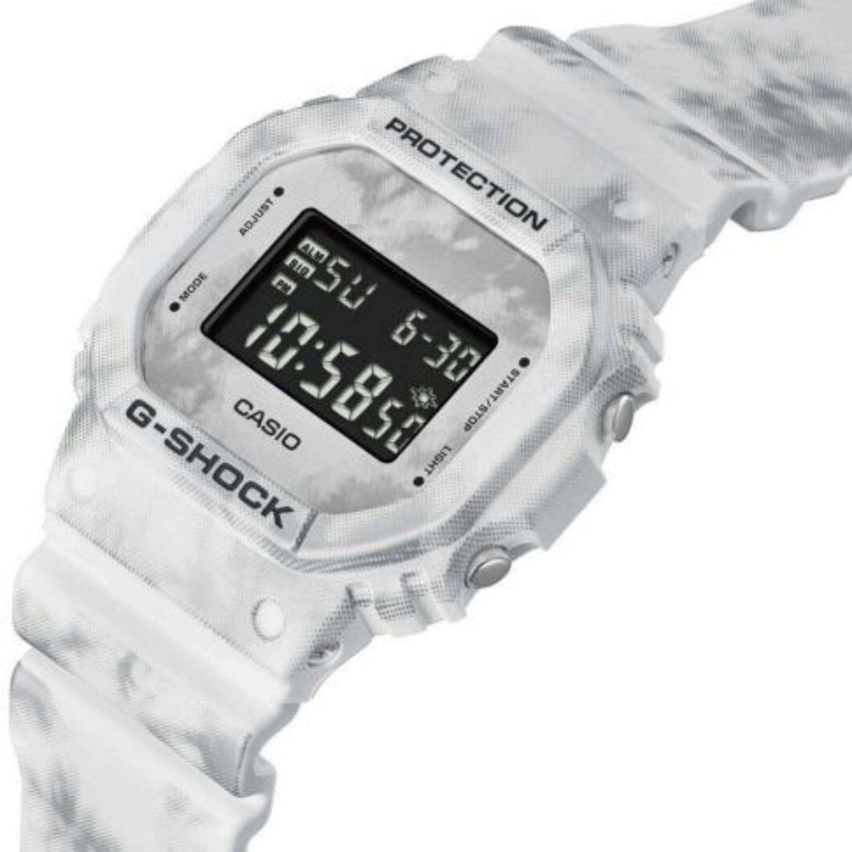 Snow camouflage resin digital watch angled view with black LCD and 'G-SHOCK' logo