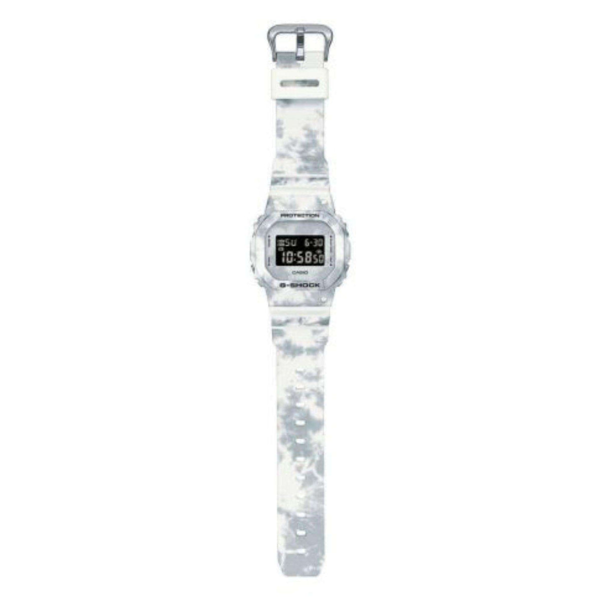 Snow camouflage resin digital watch top view with metal clasp and black LCD display