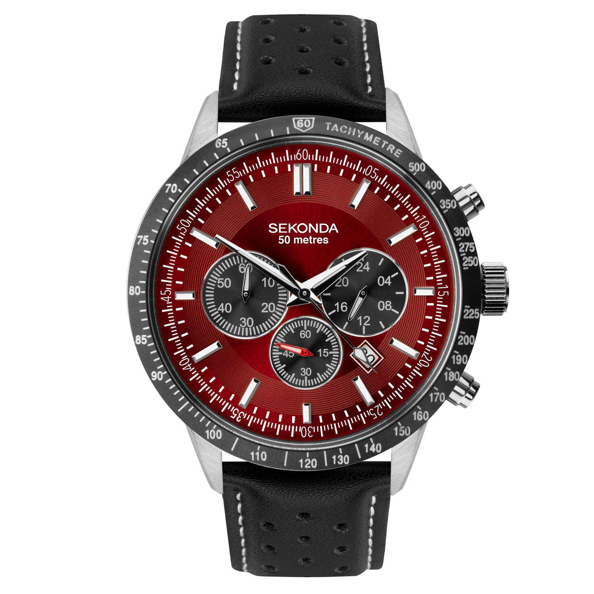 Men's chronograph quartz watch with red dial, black leather strap, tachymeter bezel