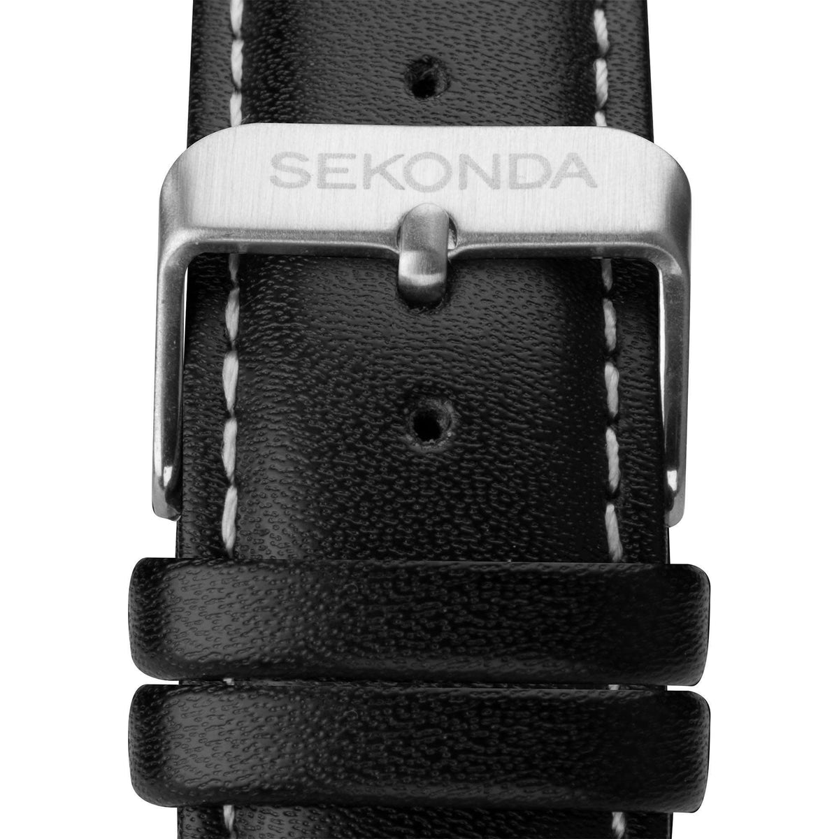 Men's black leather watch strap with stitched holes and metal buckle, close-up