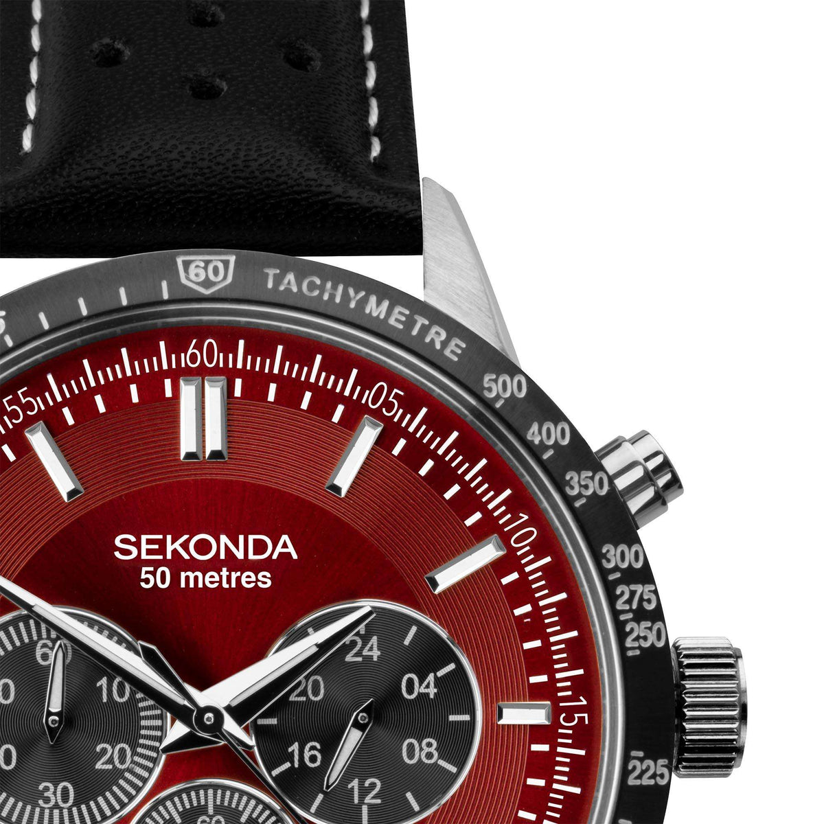 Red chronograph dial detail with SEKONDA 50 metres text and tachymeter bezel