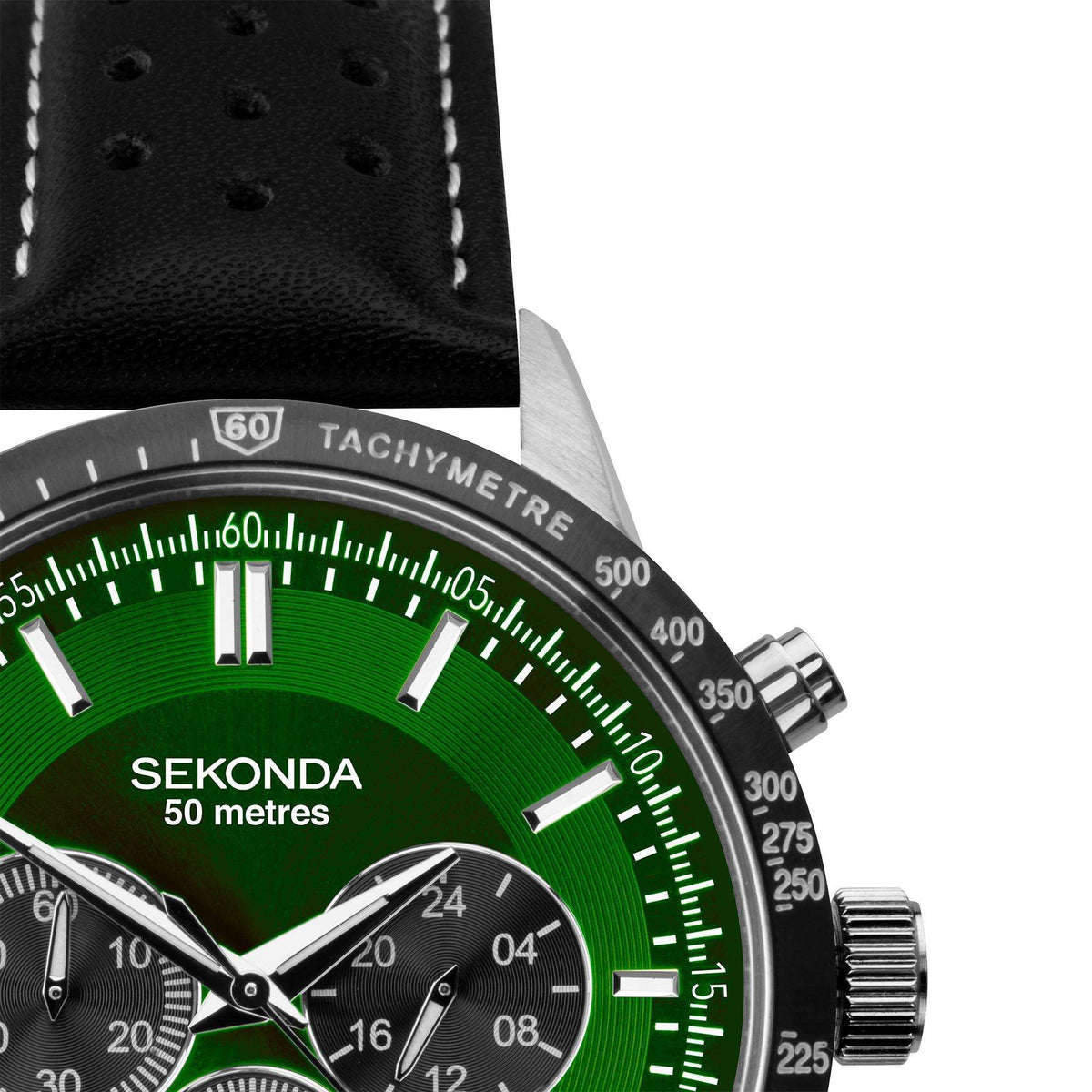 Sekonda men's chronograph watch, green dial, tachymetre bezel, black leather strap