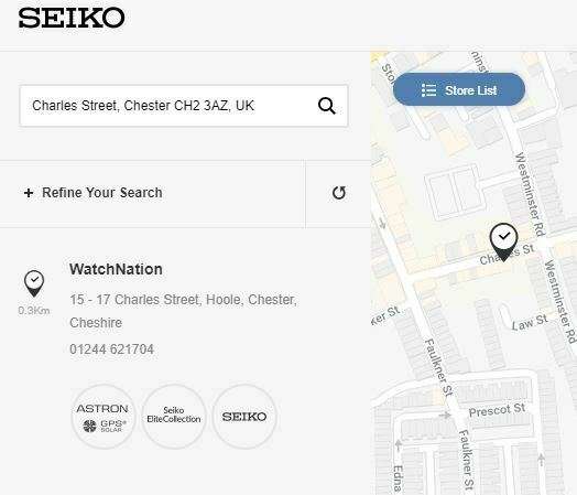 Store locator page with search bar, store list, and map view