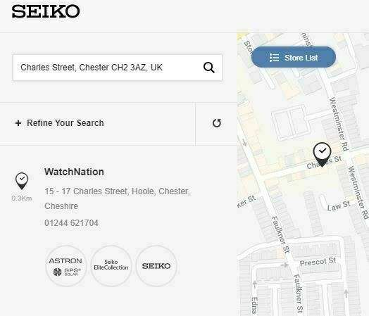 Seiko store locator page screenshot with search bar and map for WatchNation