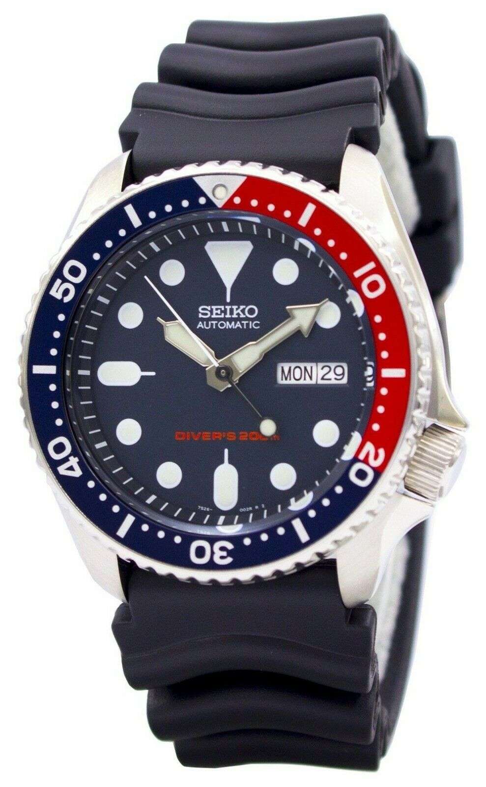 Men's Seiko diver watch with black dial, Pepsi bezel, and black rubber strap