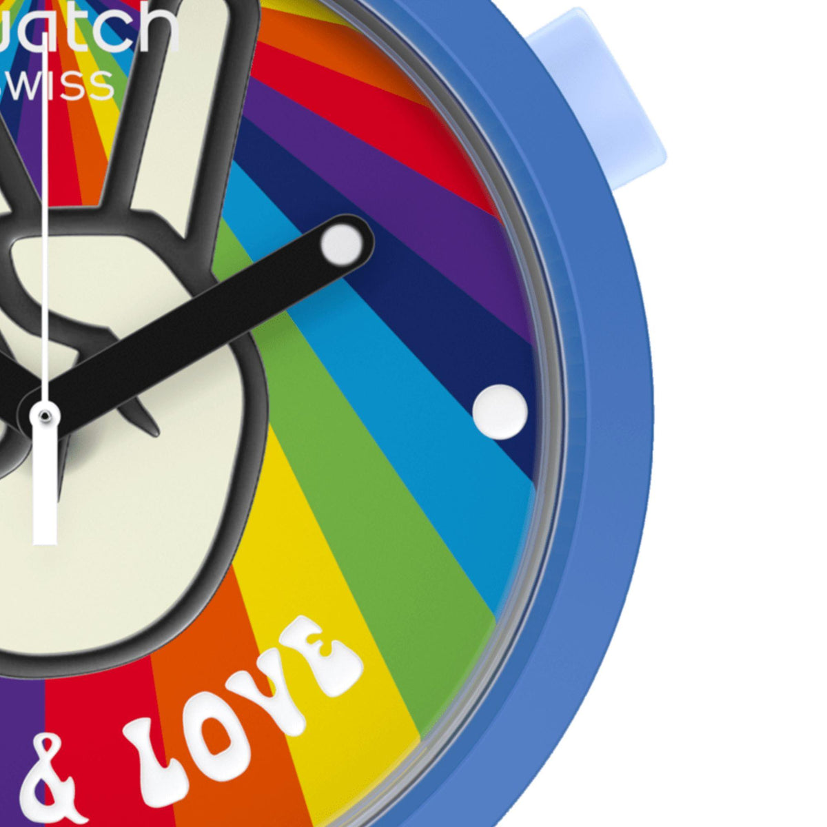 Swatch Big Bold SB03N105 colorful watch face and hands close up