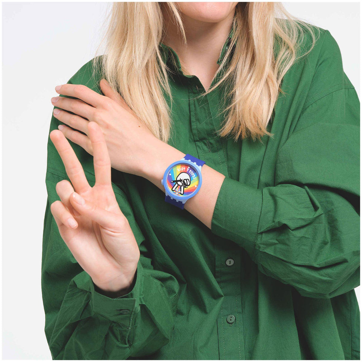 Swatch Big Bold SB03N105 silicone quartz watch lifestyle view on wrist
