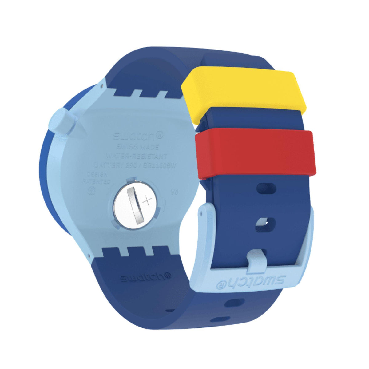 Swatch Big Bold SB03N105 battery hatch case back and multi-colored strap detail
