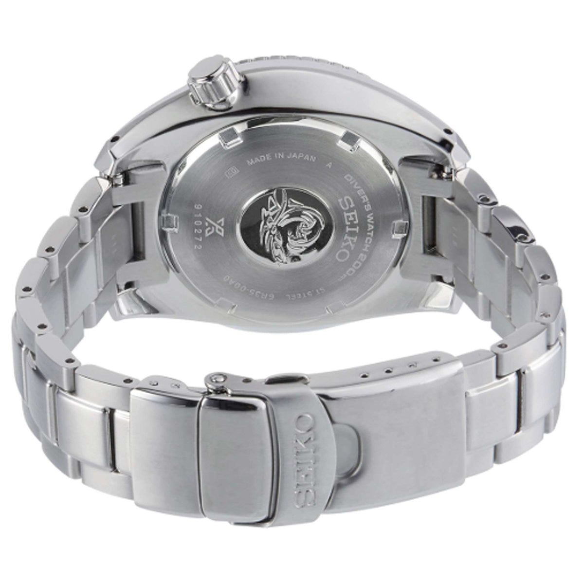 Men's stainless steel diver watch caseback with engraved Seiko, bracelet