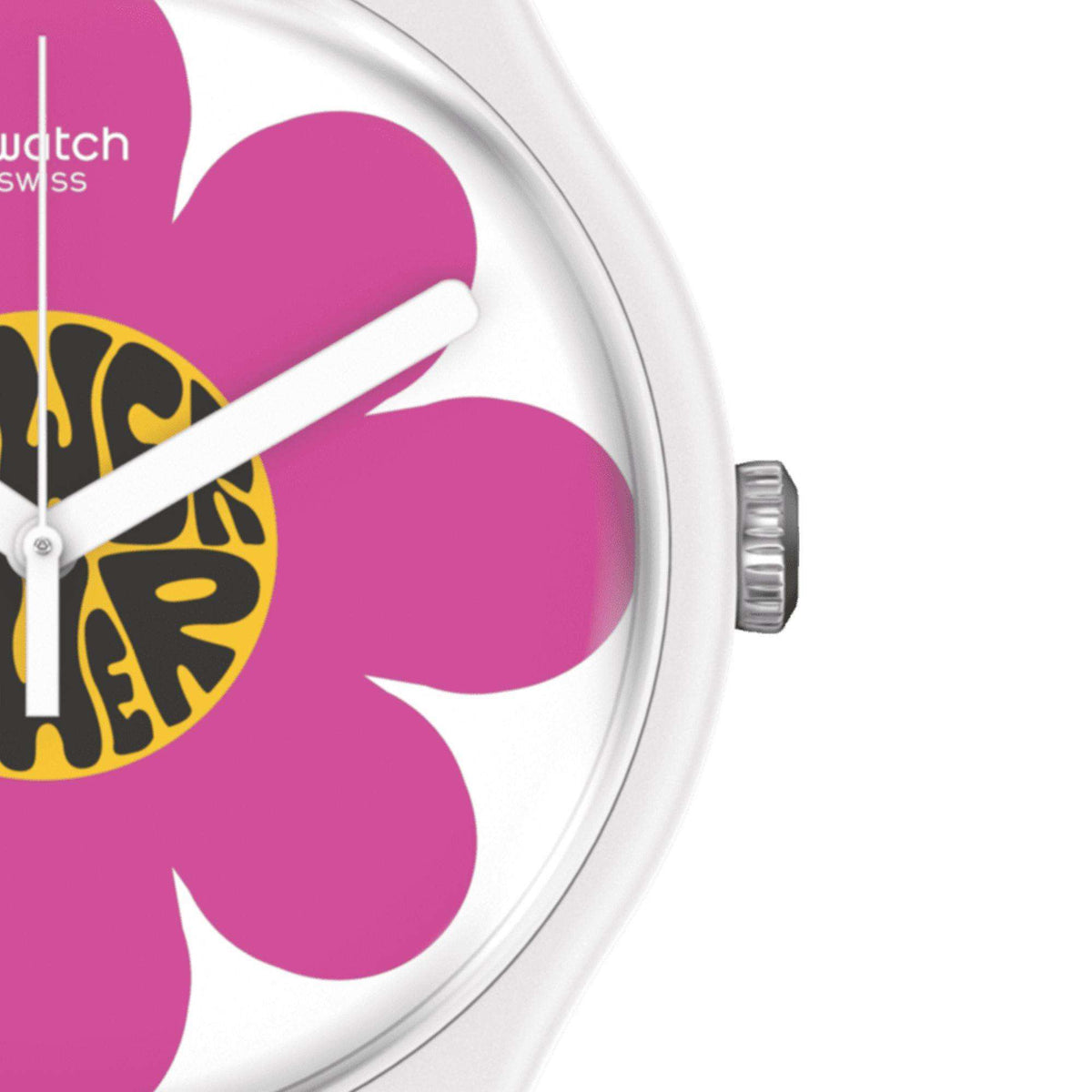 Close-up round dial watch with purple flower graphic and pink silicone bezel