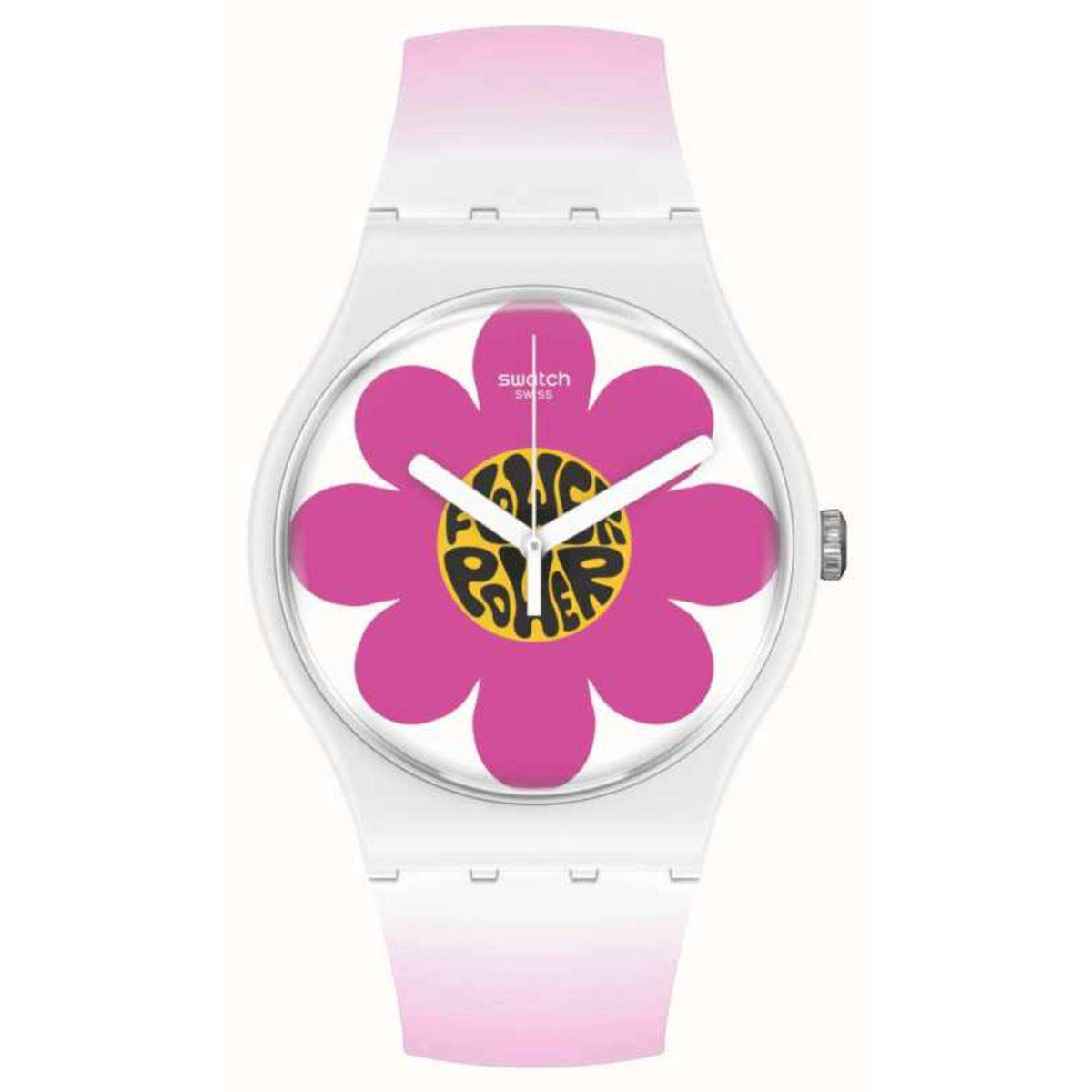Pink and white silicone strap round watch with purple flower graphic multicolor dial