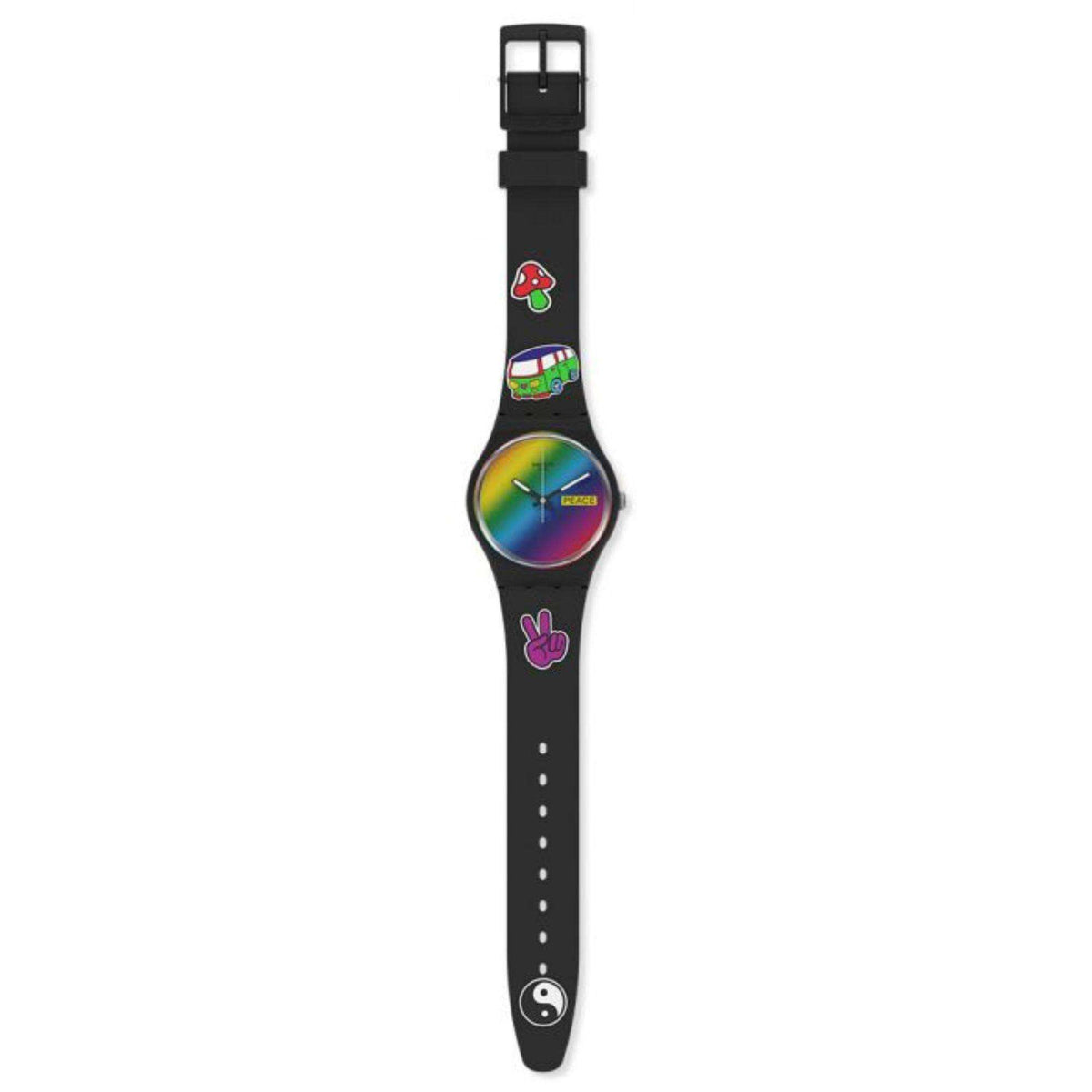 Black silicone watch strap with colorful peace-theme graphics and rainbow dial