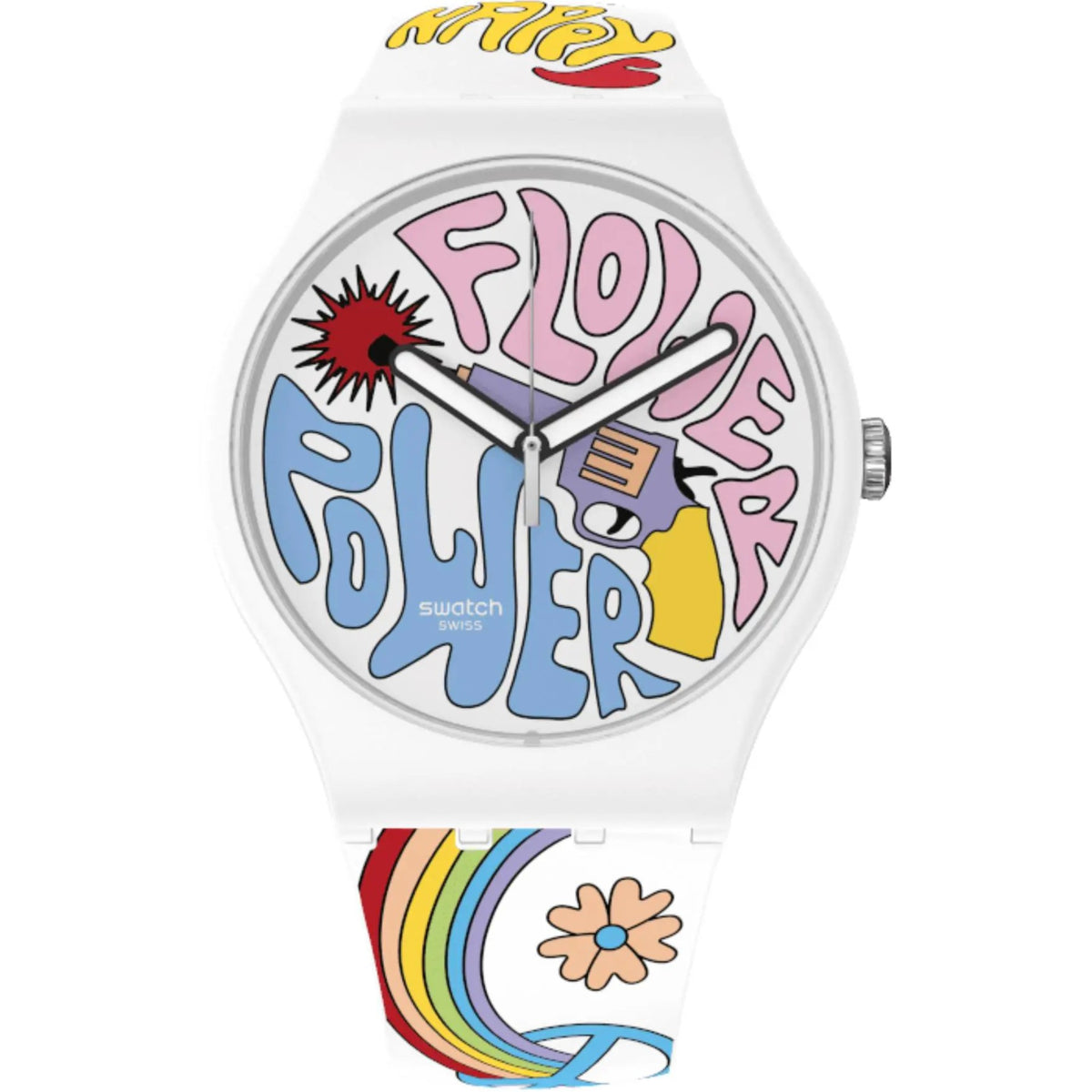 Swatch white silicone quartz watch with colorful graphic round dial