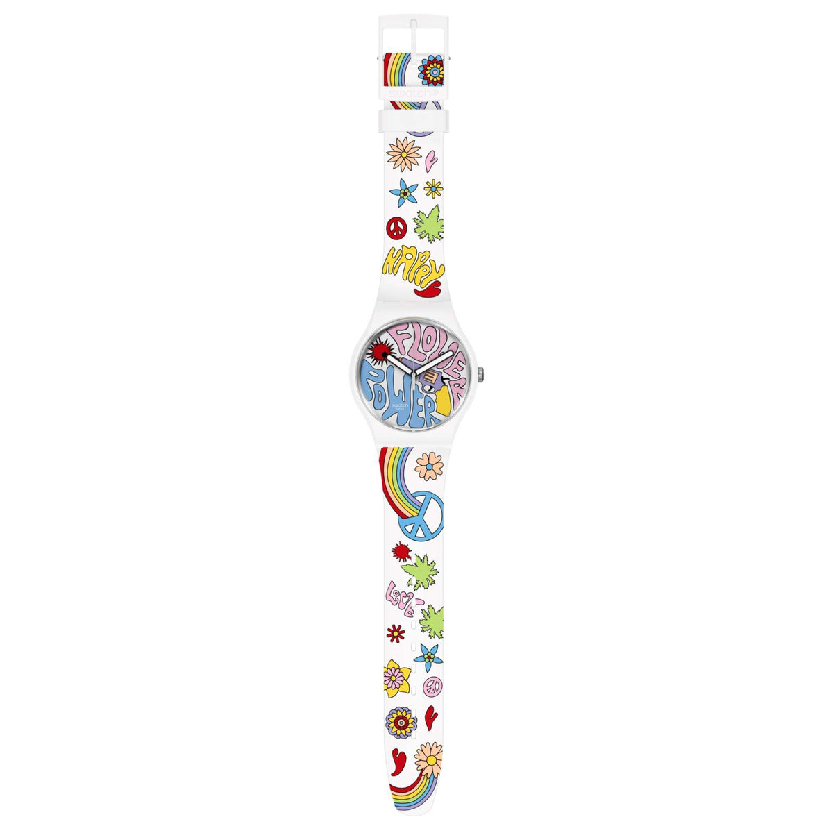 Swatch multicolour graphic dial silicone watch with full patterned strap