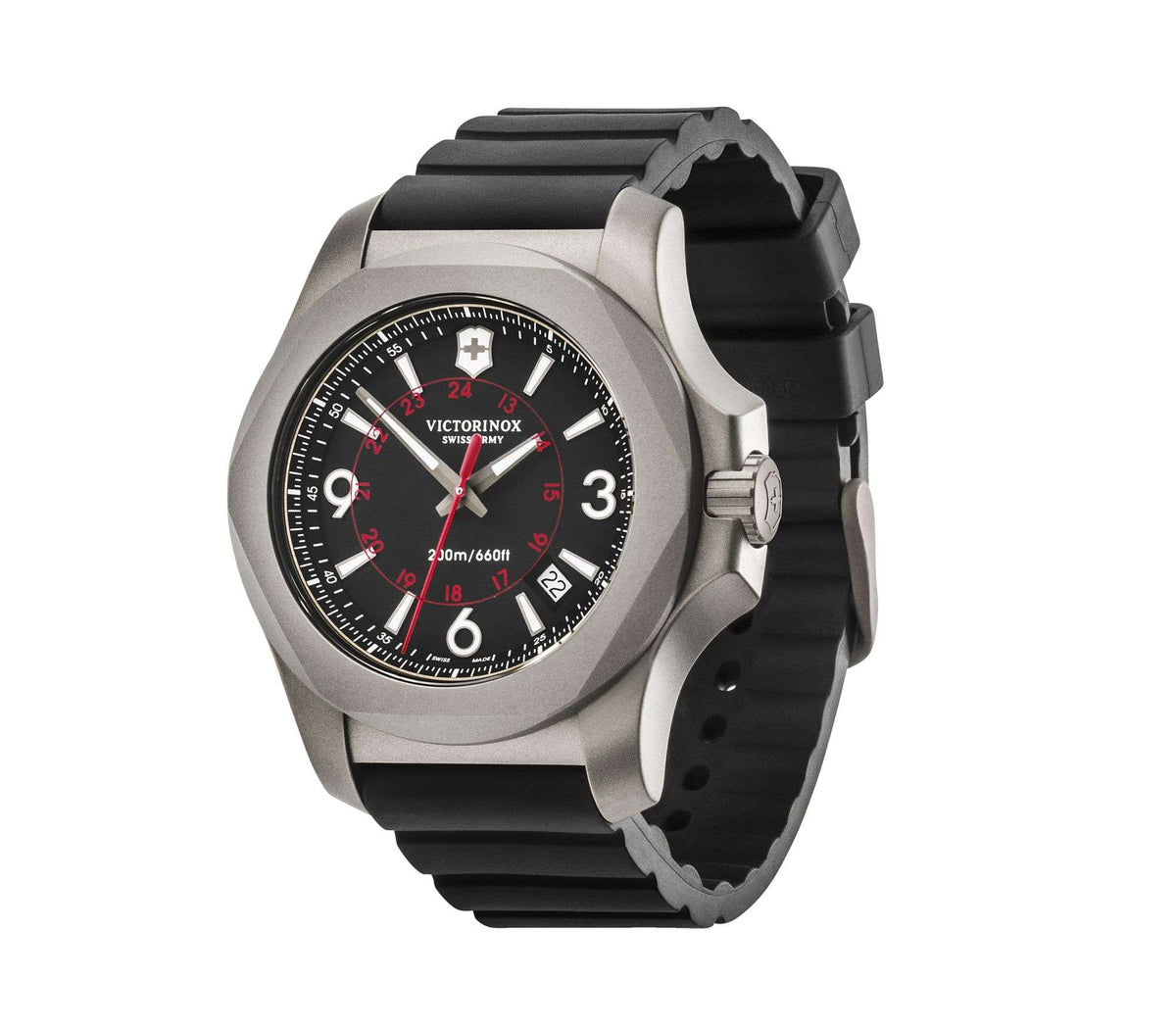 Victorinox I.N.O.X men's quartz wristwatch with black rubber strap and black dial