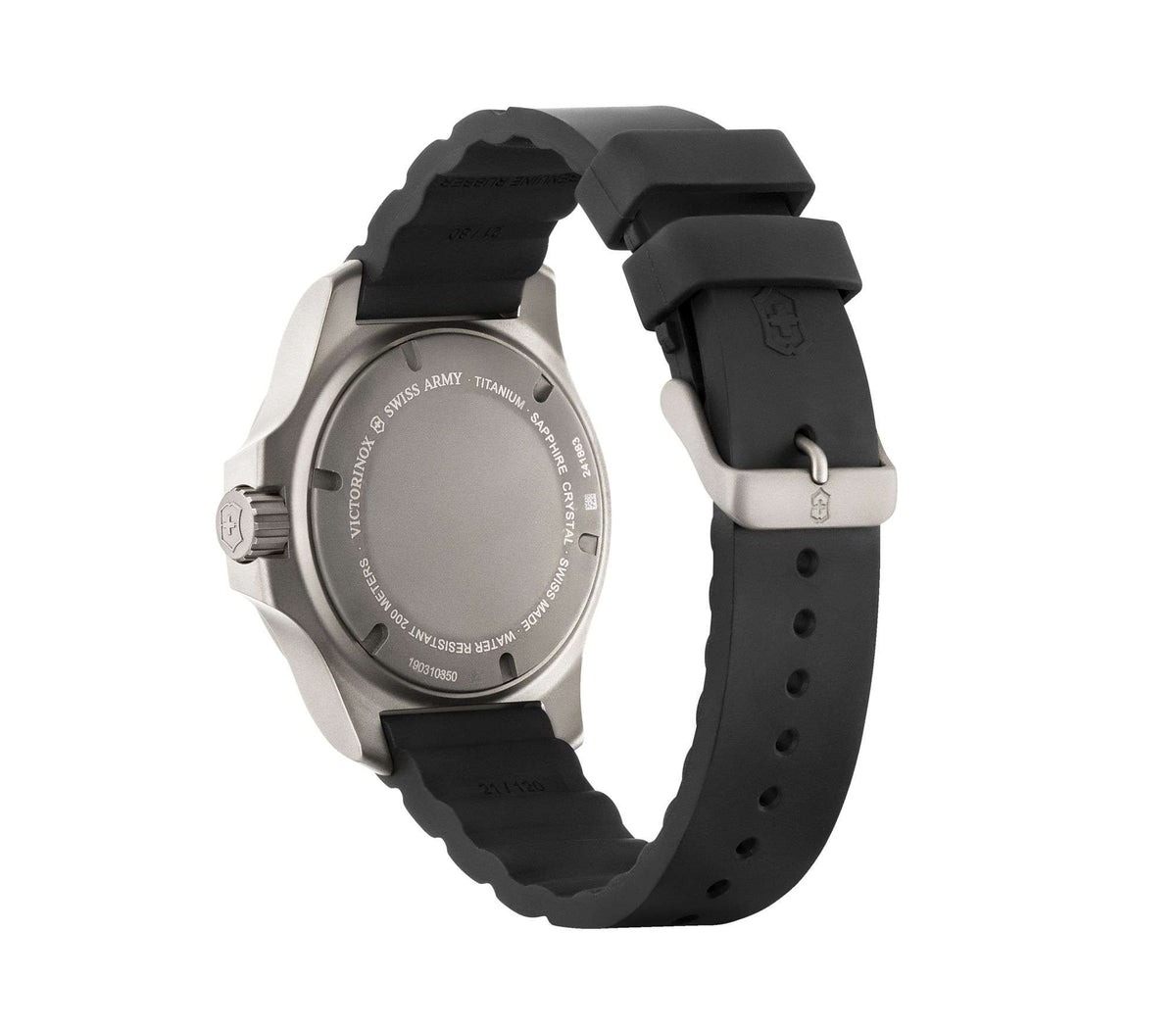 Victorinox I.N.O.X watch case back on black rubber strap, engraved metal bezel