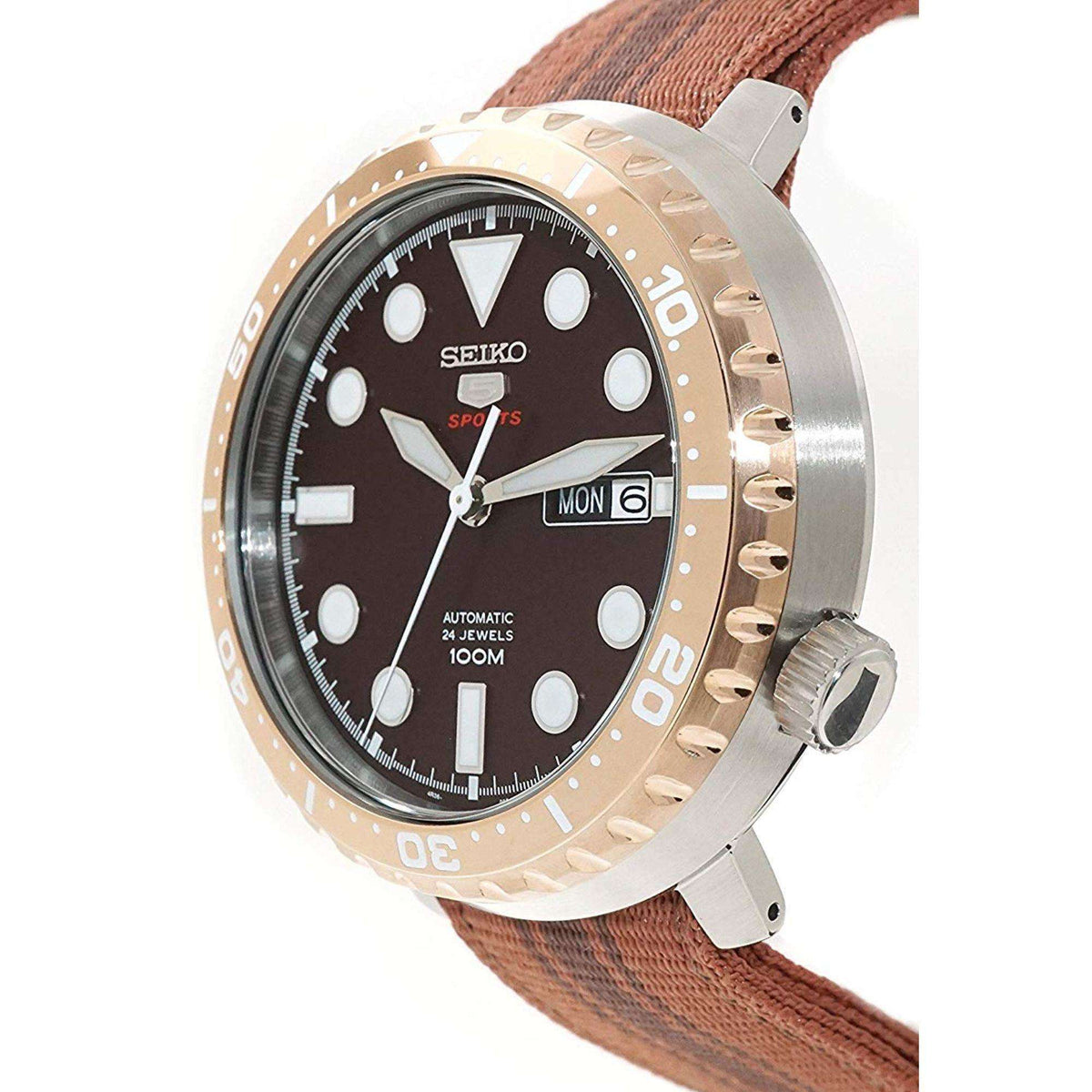 Men's Seiko 5 Sports automatic watch angled view, brown dial and brown nylon strap