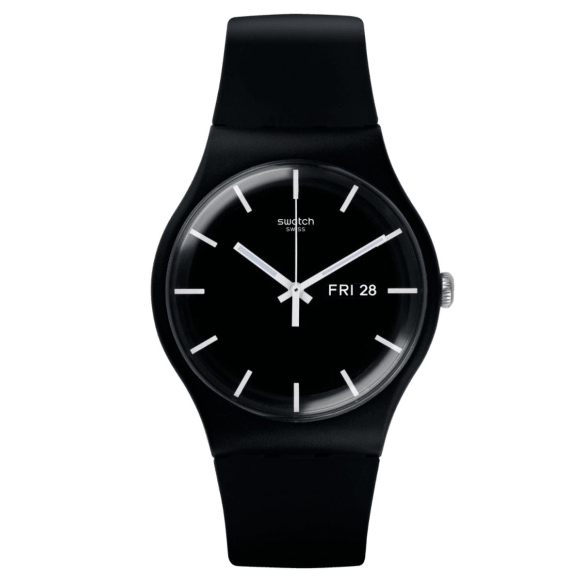 Unisex black dial watch with black silicone strap, three-hand dial and white hour markers