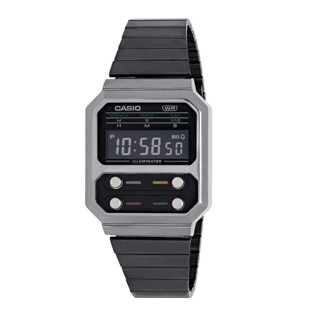 Casio grey digital men's watch front with black LCD, metal bracelet, and multi-color buttons