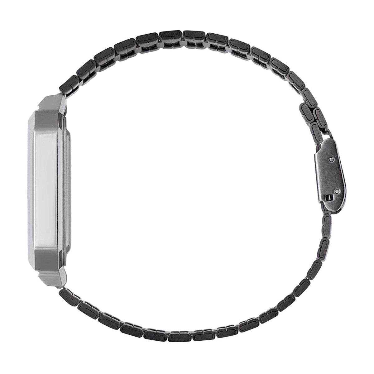 Grey metal link watch bracelet with clasp and side screw details
