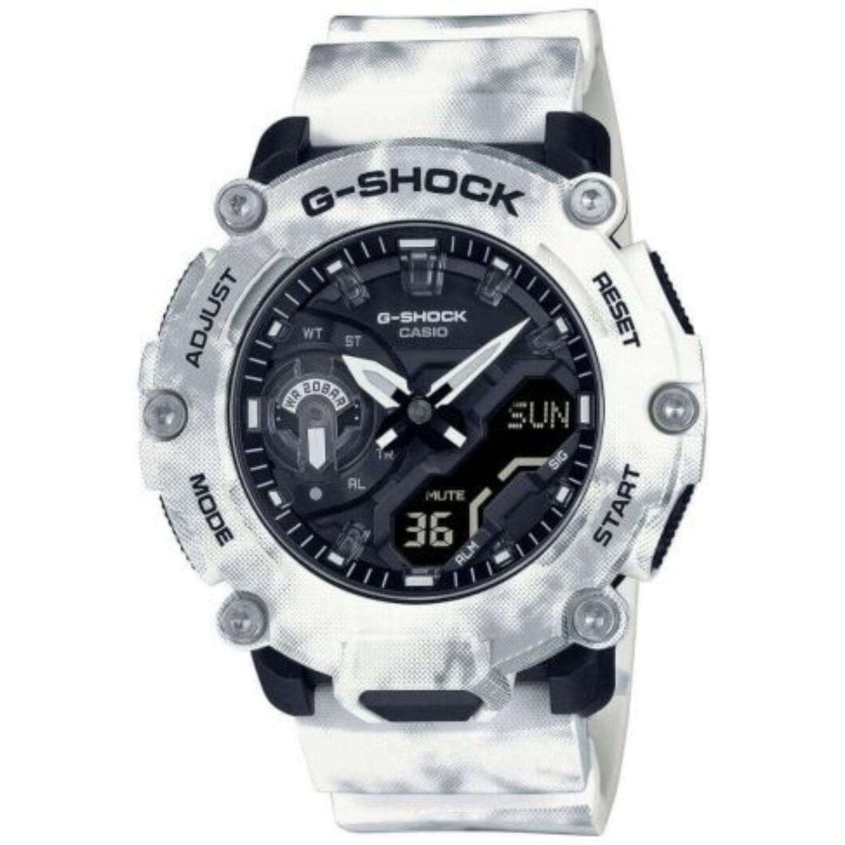 Men's dual-display sport watch with black dial and white snow-camo resin strap